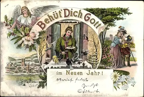 Litho Glückwunsch Neujahr, Behüt Dich Gott, Trompeter von Säckingen, Engel, Frau füttert Vögel