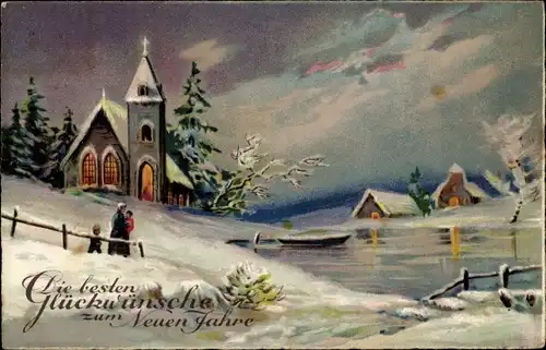 Ak Glückwunsch Neujahr, Ortschaft im Winter, Kirche