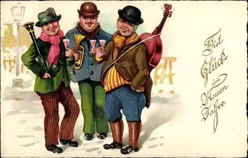 Ak Glückwunsch Neujahr, Männer mit Musikinstrumenten