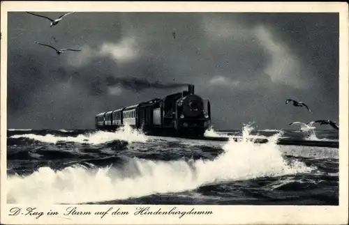 Ak Insel Sylt in Nordfriesland, D Zug im Sturm auf dem Hindenburgdamm