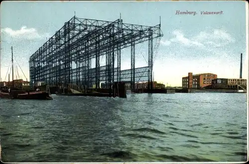 Ak Hamburg, Ansicht der Vulkanwerft, Stahlgerüste, Wasserblick