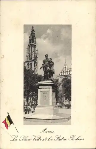 Ak Anvers Antwerpen Flandern, La Place Verte et la Statue Rubens