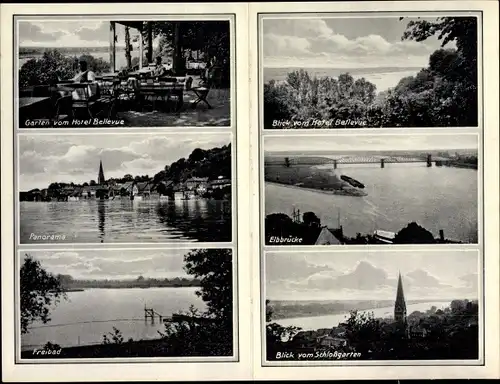 Klapp Ak Lauenburg an der Elbe, Hotel Bellevue, Panorama, Elbpartie, Freibad, Schlossgarten