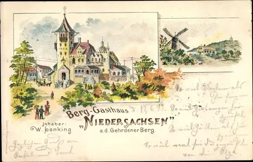 Litho Gehrden bei Hannover, Berggasthaus Niedersachsen auf dem Gehrdener Berg, Windmühle