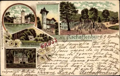 Litho  Aschaffenburg in Unterfranken, Fasanerie, Schloss Mespelbrunn, Jagdschloss Rohrbrunn