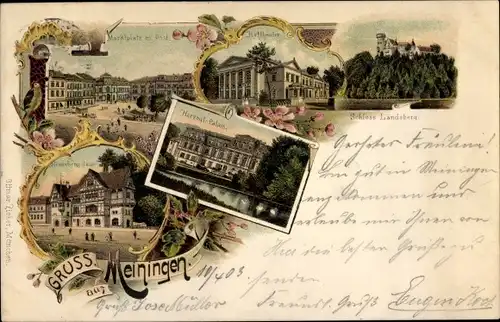 Litho Meiningen in Thüringen, Schloss Landsberg, Hoftheater, Marktplatz, Post, Palais