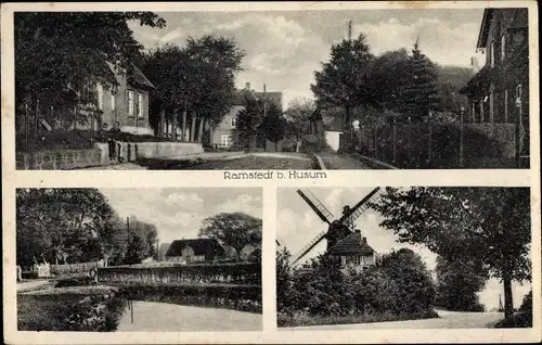 Ak Ramstedt in Nordfriesland, Windmühle, Ortsansichten