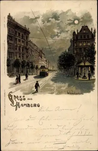 Mondschein Litho Hamburg Mitte Altstadt, Steindamm, Straßenbahn