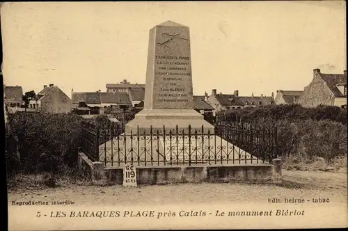Ak Blériot Plage Sangatte Pas de Calais, Les Baraques Plage, Le monument Bleriot
