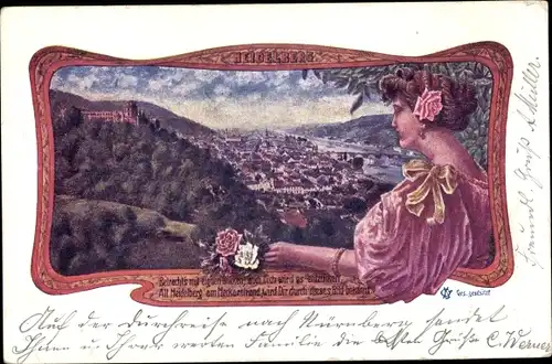 Jugendstil Ak Heidelberg am Neckar, Blick auf den Ort, Schloss, Frau