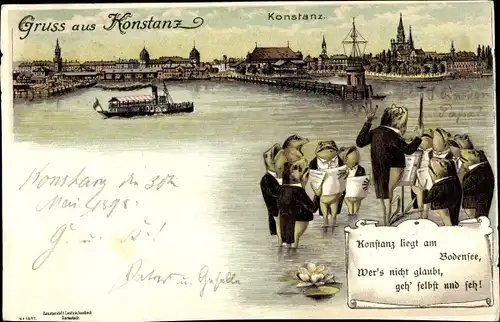 Litho Konstanz am Bodensee, Frösche, Blick auf den Ort, Salondampfer