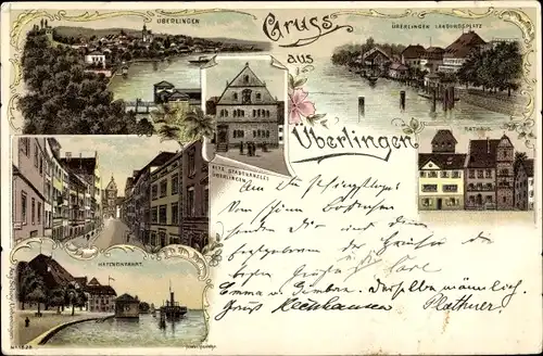 Litho Überlingen am Bodensee, Landungsplatz, Rathaus, Stadtkanzlei, Hafeneinfahrt