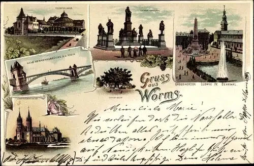 Litho Worms am Rhein, Großherzog Ludwig IV Denkmal, Festspielhaus, Luther Denkmal, Kirche