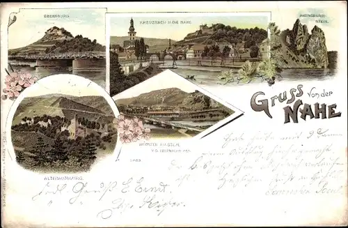 Litho Bad Kreuznach in Rheinland Pfalz, Gruß von der Nahe, Rheingrafenstein, Ebernburg