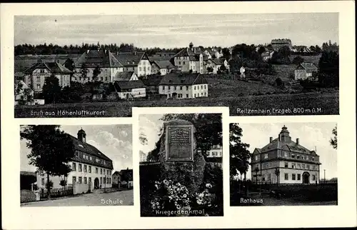 Ak Reitzenhain Marienberg im Erzgebirge, Gesamtansicht, Schule, Rathaus, Kriegerdenkmal