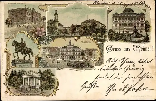 Litho Weimar Thüringen, Schloß, Museum, Rathaus, Römisches Haus