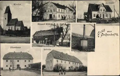 Ak Seifersdorf Waldhufen Oberlausitz, Kirche, Molkerei, Eduardmühle, Pfarrhaus,Gasthof Stadt Löbau