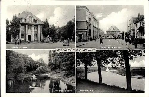 Ak Nienburg an der Weser, Kreissparkasse, Hafenstraße, Post, Weserwall, Stadtgraben