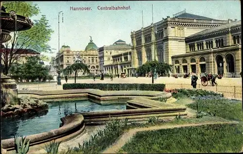 Ak Hannover, Blick auf den Zentralbahnhof vom Brunnen aus