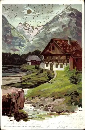 Mondschein Litho Gebirgslandschaft mit Bauernhaus