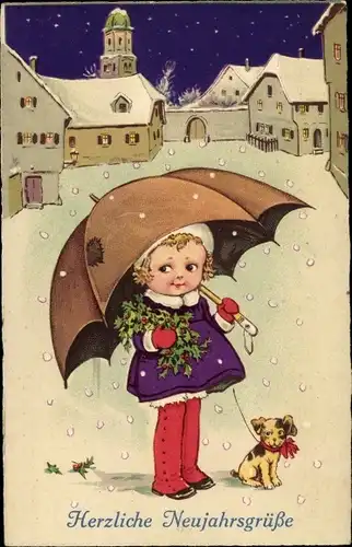 Ak Glückwunsch Neujahr, Mädchen mit Stechpalmenzweigen und Schirm im Schneefall