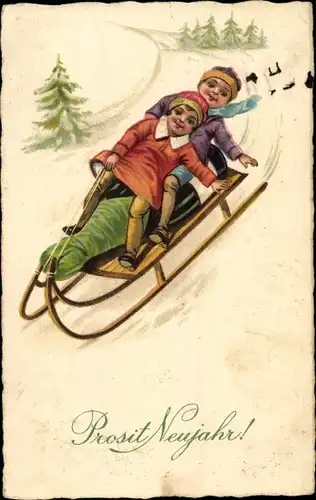 Ak Glückwunsch Neujahr, Kinder auf einem Schlitten bei der Abfahrt