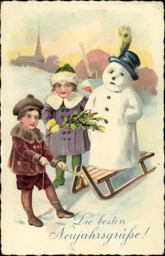 Ak Glückwunsch Neujahr, Kinder mit Schneemann auf einem schlitten