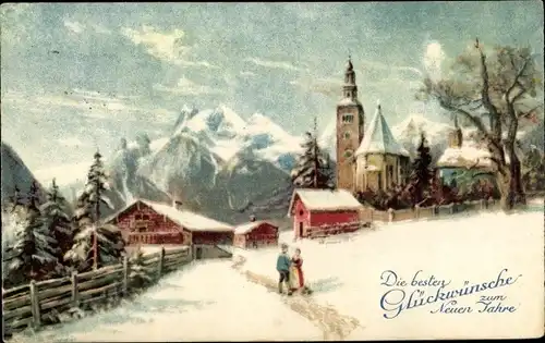Ak Glückwunsch Neujahr, Ortschaft, Winter, Gebirge, Kirche