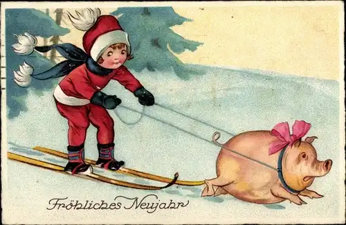 Ak Glückwunsch Neujahr, Schwein zieht Mädchen auf Skiern