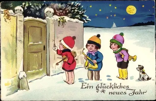 Ak Glückwunsch Neujahr, Kinder mit Musikinstrumenten vor einer Tür