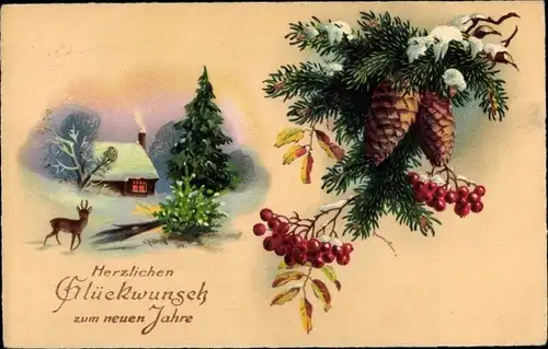 Ak Glückwunsch Neujahr, Winterlandschaft mit Reh, Zapfen, Beeren