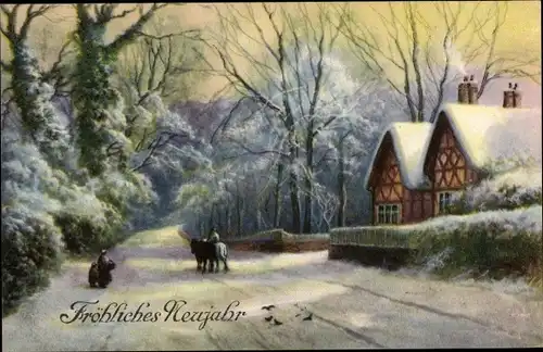 Ak Glückwunsch Neujahr, Winterlandschaft, Häuser, Reiter