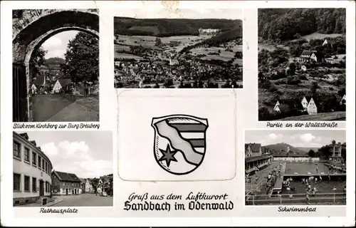 Wappen Ak Sandbach Breuberg Hessen, Panorama, Schwimmbad, Burg Breuberg