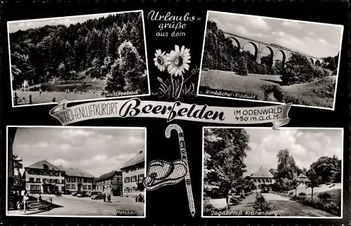 Ak Beerfelden Oberzent im Odenwald, Viadukt, Jagdschloss Krähenberg, Metzkeil, Waldseebad