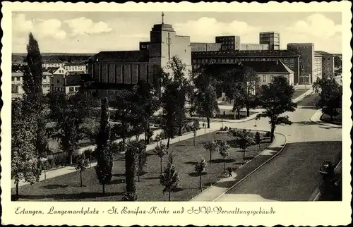 Ak Erlangen in Mittelfranken Bayern, Langemarckplatz, St. Bonifazkirche, SSV-Verwaltungspgebäude