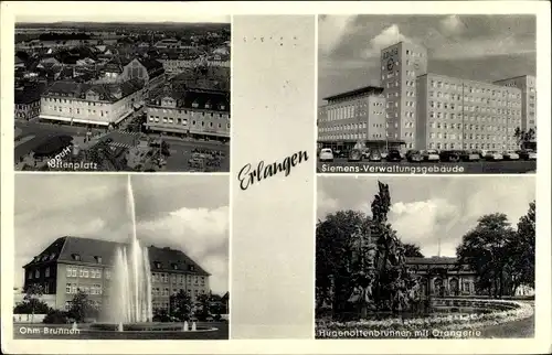 Ak Erlangen in Mittelfranken Bayern, Hugenottenplatz, Siemens-Verwaltungsgebäude, Ohm-Brunnen