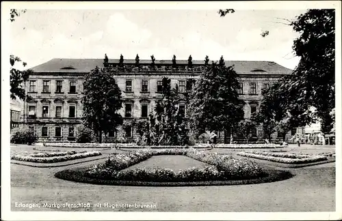 Ak Erlangen in Mittelfranken Bayern, Markgrafenschloss, Hugenottenbrunnen