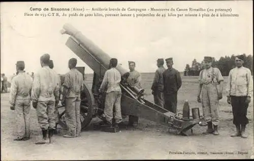 Ak Sissonne Aisne, Camp, Artillerie lourde de Campagne, Canon Rimailho, Piece de 155 CTR, Kanone