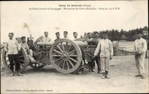 Ak Sissonne Aisne, Camp, Artillerie lourde de Campagne, Canon Rimailho, Piece de 155 CTR, Kanone