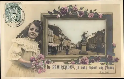 Passepartout Ak Remiremont Lothringen Vosges, Monument, Mädchen mit Blumenstrauß, Rosen