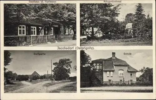 Ak Jacobsdorf Jakobsdorf Putlitz in der Prignitz, Gasthaus, Kriegerdenkmal, Dorfstraße, Schule