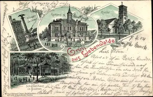 Litho Liebenwalde in Brandenburg, Kriegerdenkmal, Rathaus, Kirche, Schützenhaus im Haidchen