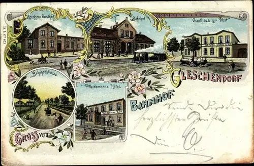 Litho Gleschendorf Scharbeutz in Ostholstein, Gasthaus zur Post, Bahnhof, Bahnhofstraße, Hotel