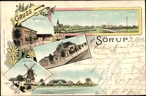 Litho Sörup in Angeln, Bahnhofshotel, Bahnhof, Schauby Mühle, Gammelbygaard