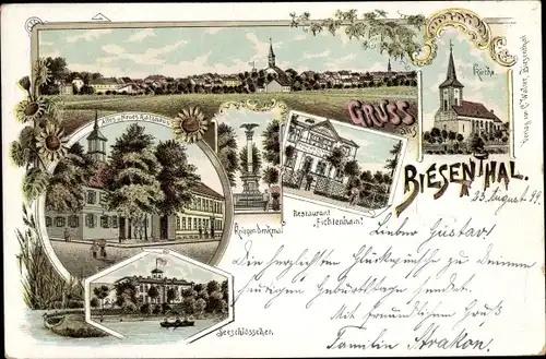 Litho Biesenthal in d. Mark, Rathaus, Seeschlösschen, Kriegerdenkmal, Restaurant Fichtenhaus, Kirche