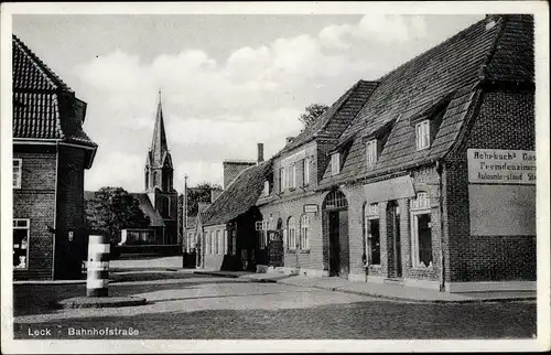 Ak Leck in Nordfriesland, Bahnhofstraße, Kirche, Rohrbachs Gasthaus