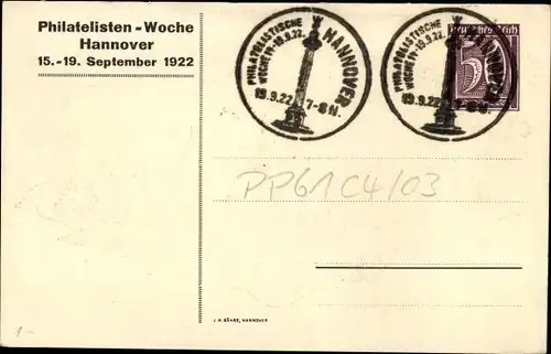 Ganzsachen Ak Hannover in Niedersachsen, Philatelistenwoche 1922, PP 61 C 4/03