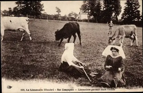 Ak Haute Vienne Frankreich, Limousines, Frauen in Tracht, Kühe