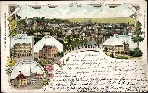 Litho Hohenstein Ernstthal in Sachsen, Bad, Bahnhof, Marktplatz, Hotel Drei Schwanen, Totalansicht