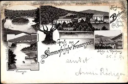 Litho Frauensee Bad Salzungen im Wartburgkreis, Kurhaus Buchonia, Kirche, Pfarrhaus